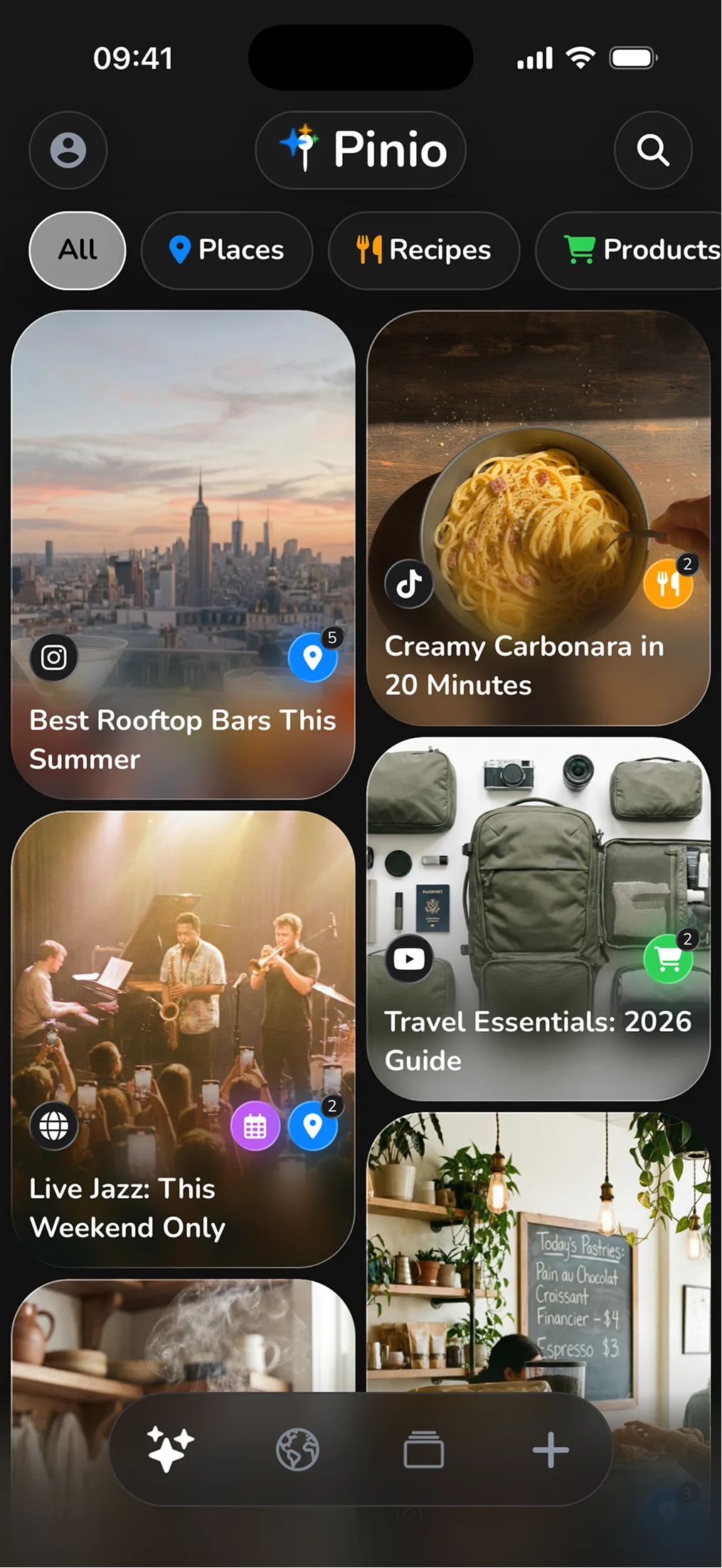 Pinio homescreen with AI-organized saves